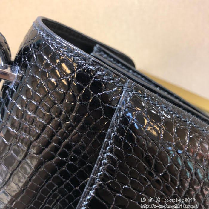 HERMES愛馬仕 康康18cm alligator crocodile 美洲鱷 頂級工藝 蠟線手縫 黑色 銀扣  Ama1516